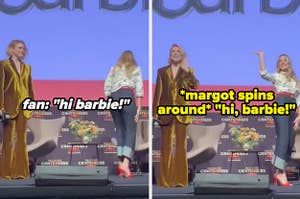 Margot Robbie and Greta Gerwig saying, "Hi Barbie" to a fan