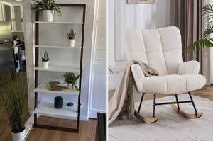 on left: ladder bookshelf with small plants. on right: comfy white rocking chair