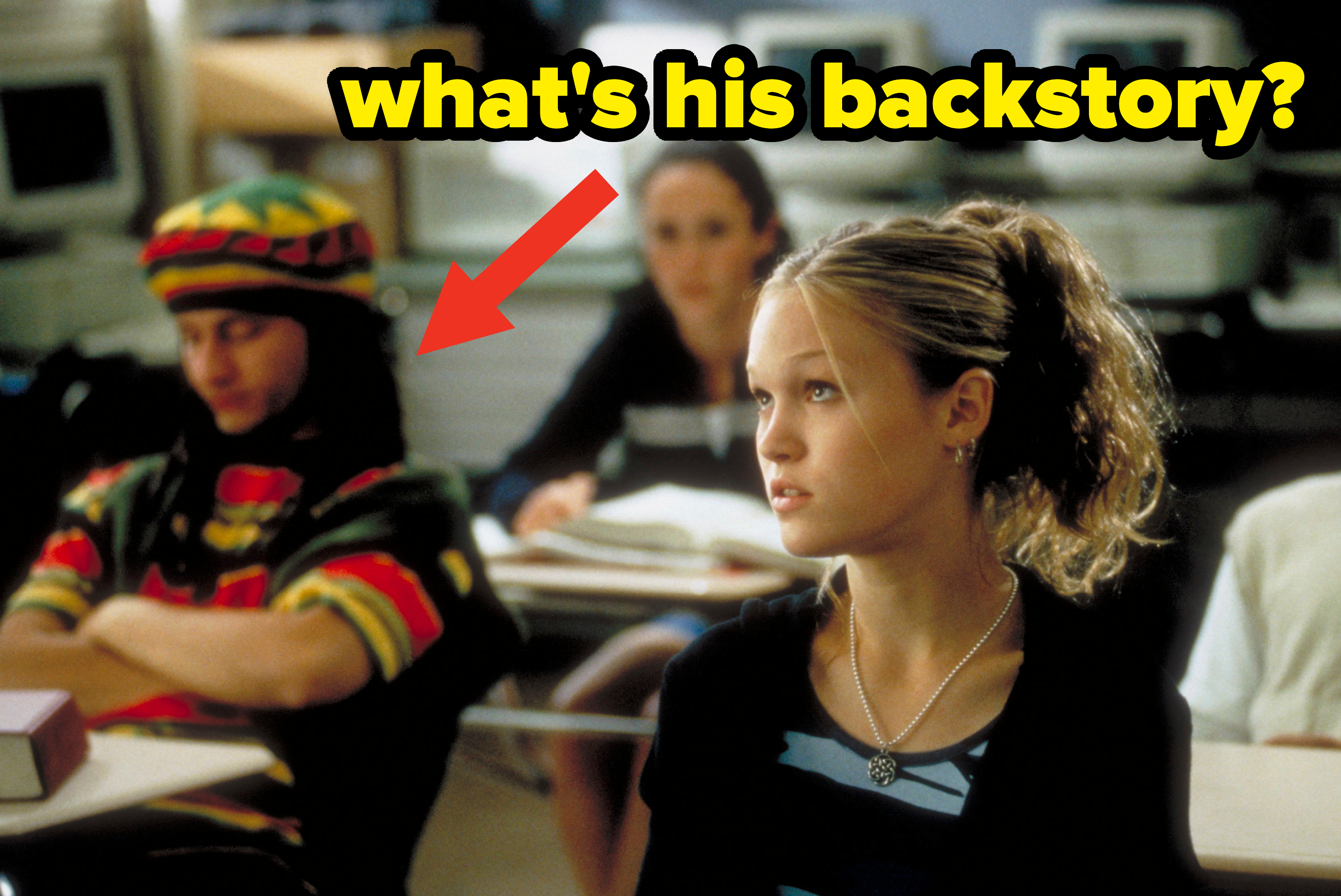 Arrow pointing to a student in a classroom wearing a Rasta-inspired outfit, with caption &quot;What&#x27;s his backstory?&quot;
