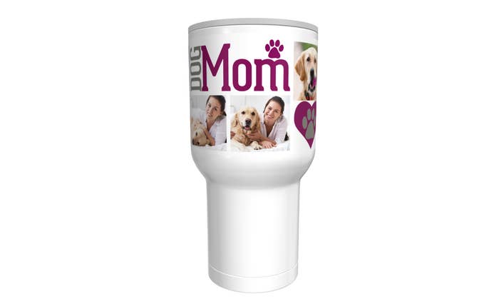 Tumbler with woman and her dog that has the words dog mom on it