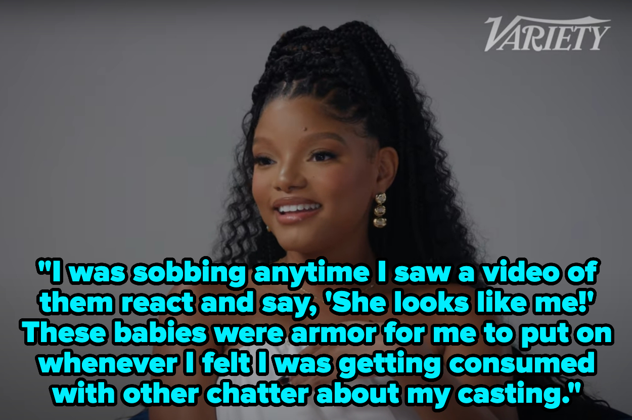 Halle saying, &quot;I was sobbing anytime I saw a video of them react and say, &#x27;She looks like me!&#x27; These babies were armor for me to put on whenever I felt I was getting consumed with other chatter about my casting&quot;