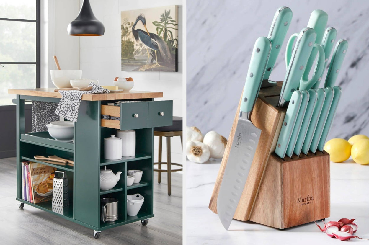 on left: dark green kitchen island with shelves and drawers. on right: blue knife set and wood block