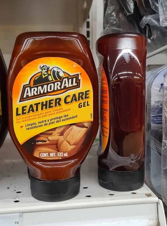 a container of leather care gel in what looks like a ketchup bottle