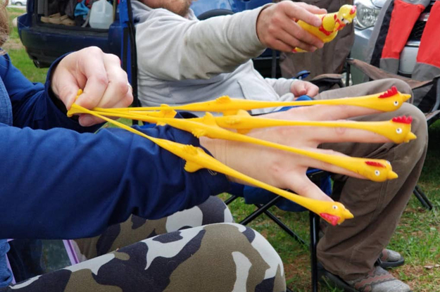 reviewer with slingshot chickens on fingers