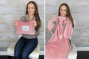 A model holding a pink pillow in the first photo and showing how it turns into a blanket in the second photo