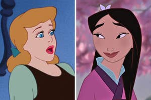 On the left, Cinderella opening her eyes and mouth wide in surprise, and on the right, Mulan smiling softly