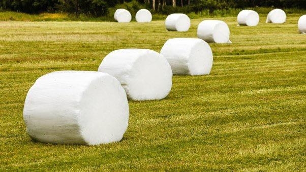 a field with plastic-wrapped hay