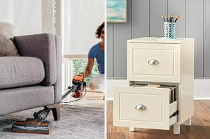 a flexible Shark vacuum on the left and a filing cabinet on the right