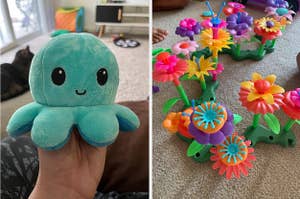 to the left: a smiley face octopus plush, to the right: a flower building kit