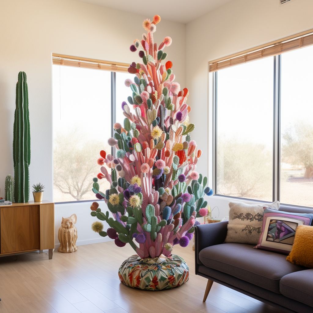 A bright and unique Christmas tree that resembles a cactus with cactus flower-like ornaments on it