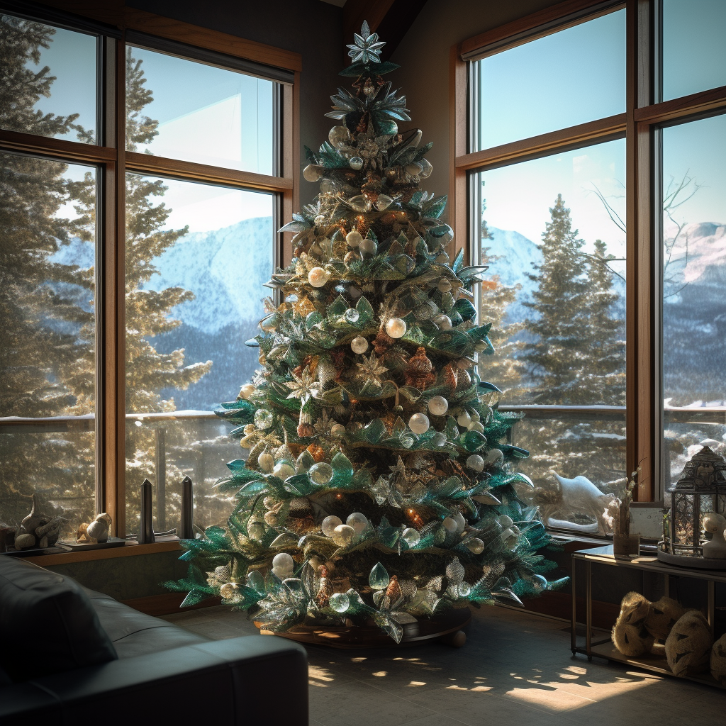 A tall Christmas tree in the corner of a room with floor-to-ceiling windows that&#x27;s covered in simple ornaments with a star on top