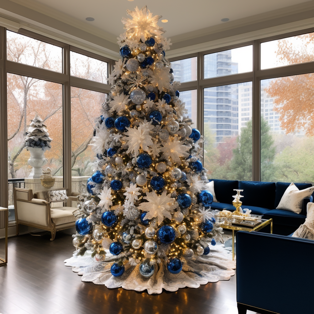 a tall Christmas tree in the center of a living room that&#x27;s covered in warm lights, bulb ornaments, and flower-like decorations with a lighted ribbon-like structure on top and a snowflake-like tree skirt underneath it