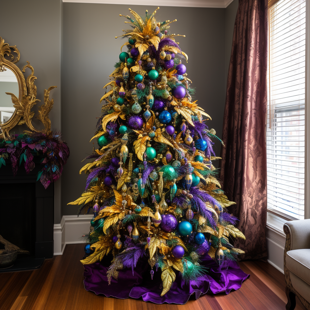 A Christmas tree with a silk tree skirt underneath it that&#x27;s covered in various bulb ornaments along with feather-like decorations and leaf-like decorations with a plant-like topper