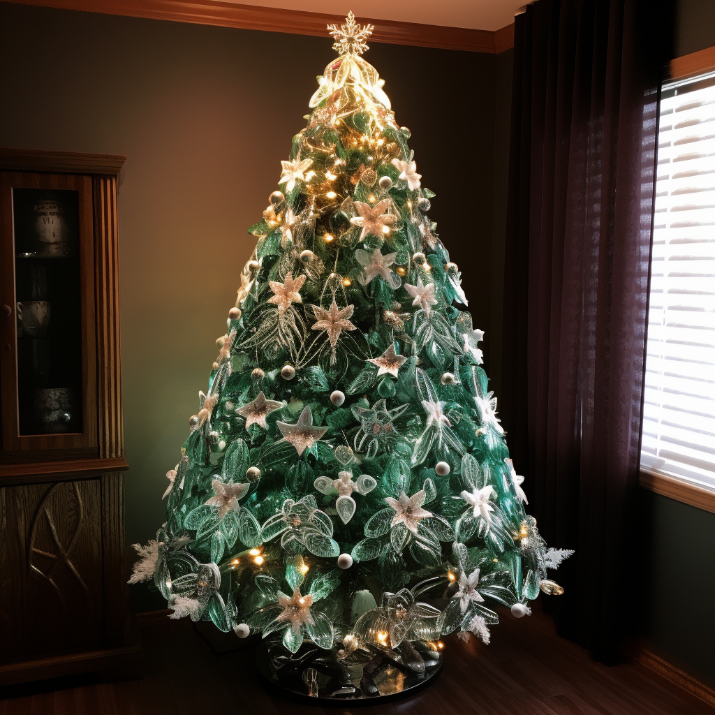 a very symmetrical Christmas tree in the corner of a room that&#x27;s covered in golden lights and various floral and star ornaments with a glowing snow-flake like tree topper