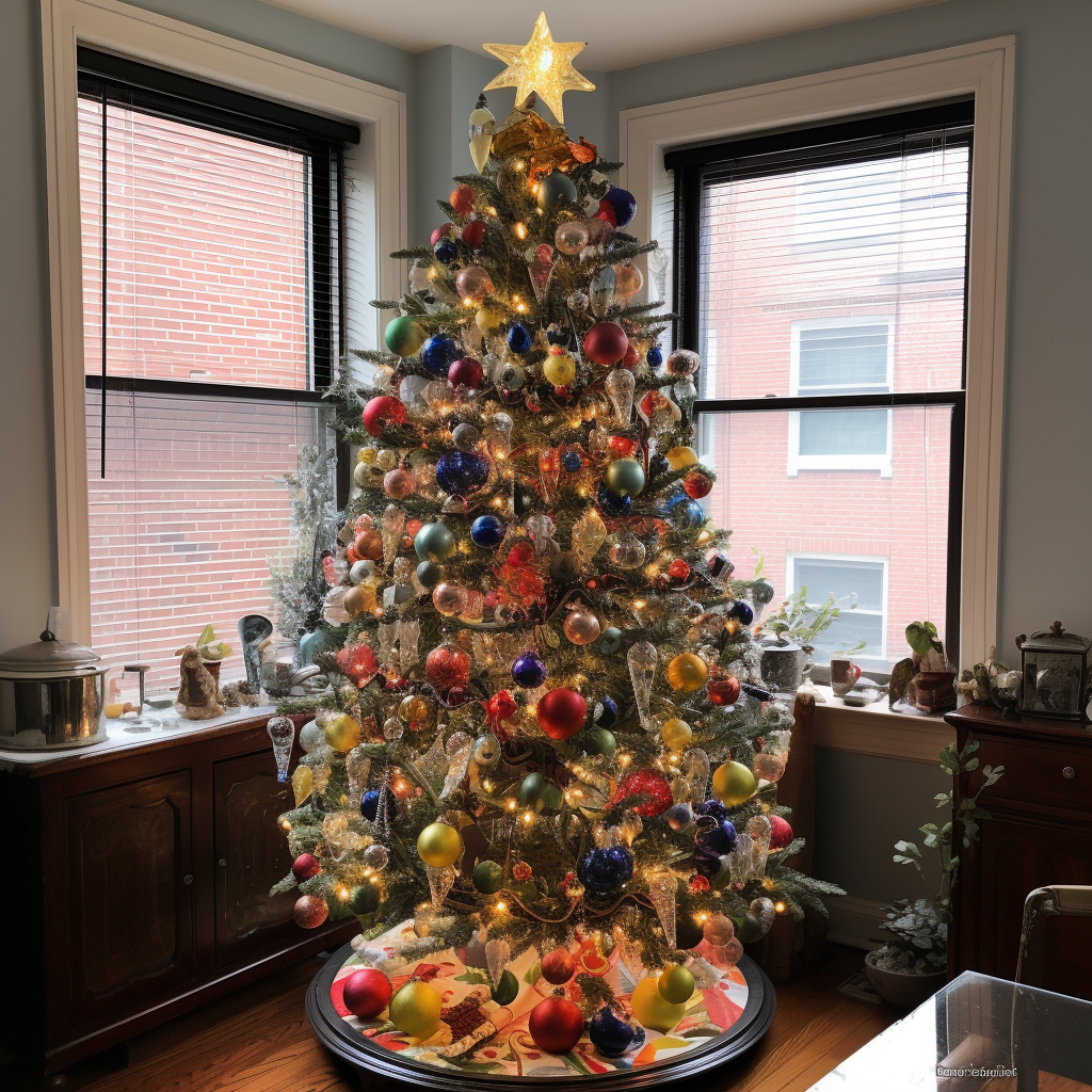 A short Christmas tree in the corner of what appears to be a kitchen that&#x27;s covered in warm lights and bulb ornaments of various sizes with a glowing star on top