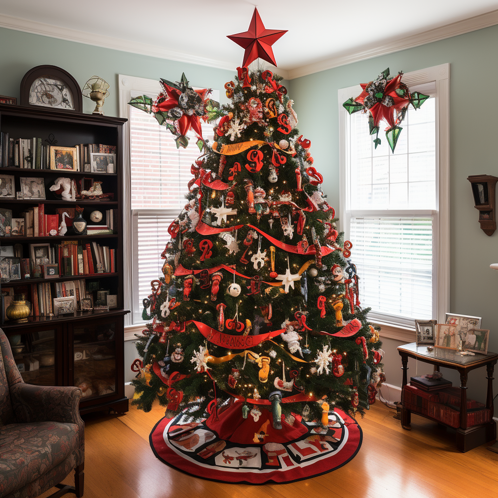 A symmetrical Christmas tree with warm lights, various types of ornaments, and a ribbon garland all over with a star on top and a coordinating tree skirt underneath it