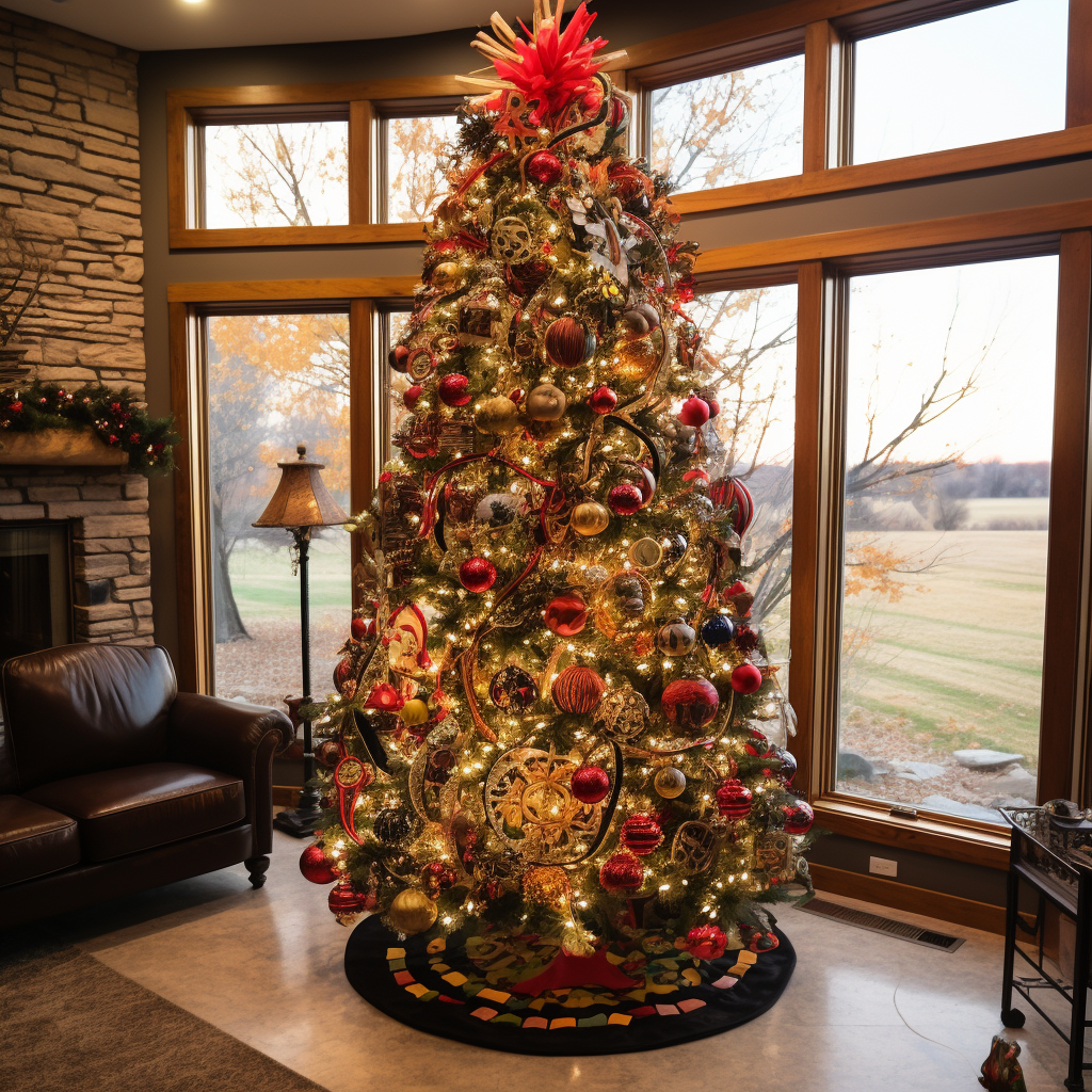 a tall and grand Christmas tree in front of windows in a living room that&#x27;s covered in warm lights and lots of shiny, classy bulb ornaments with a ribbon-like structure on top