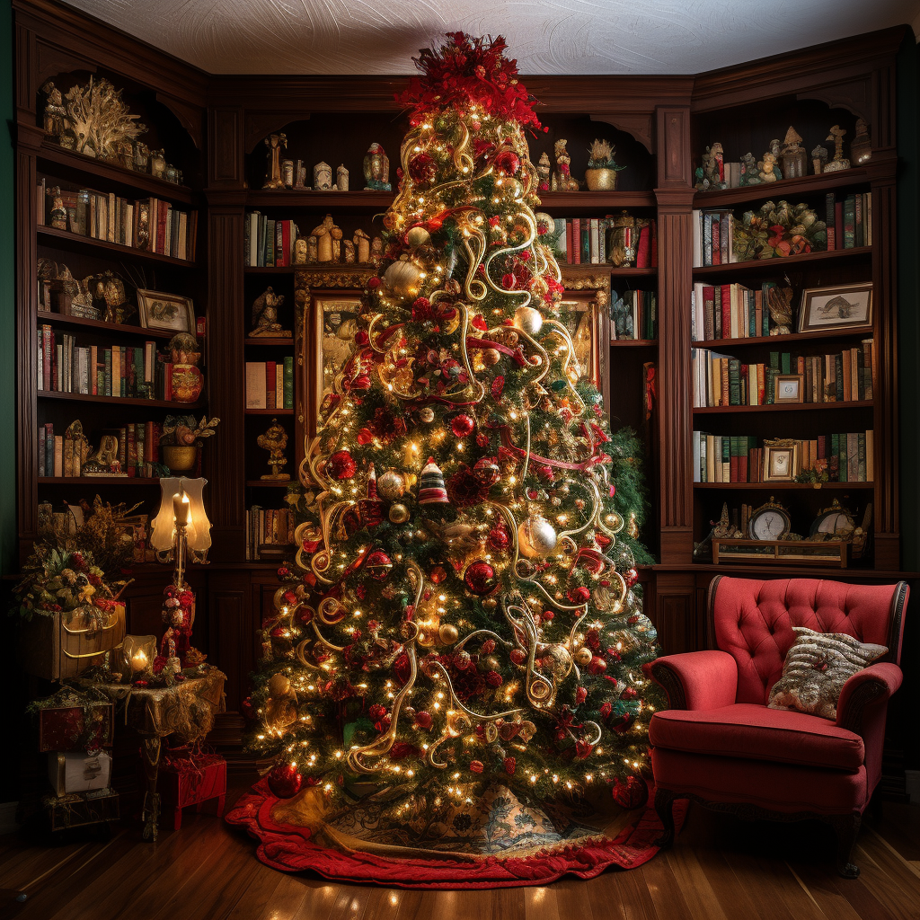 A tall, classic-style Christmas tree in a library that&#x27;s covered in golden lights with various ribbons and bulb ornaments all over with poinsettia-like topper