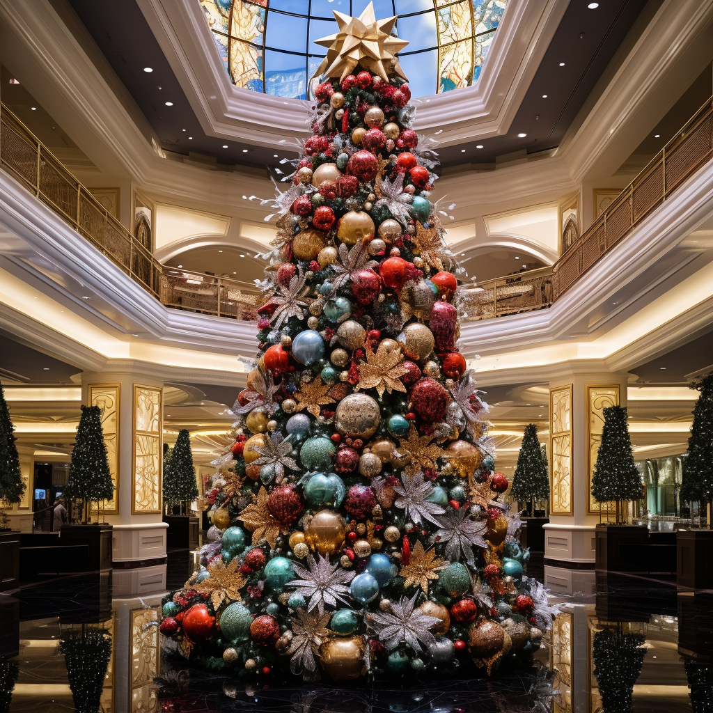 A tall Christmas tree in the center of an impressive room that&#x27;s covered from top to bottom in bulb ornaments of various sizes and flower-shaped ornaments with a star on top