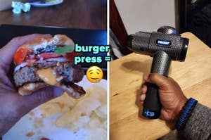 reviewer's burger with stuffed cheese made using the press / reviewer holding the massage gun