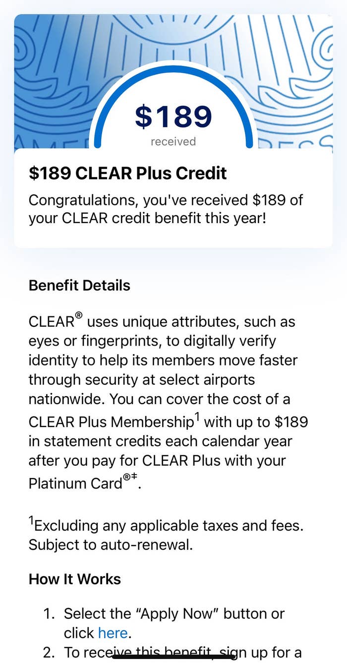 screen grab of Clear benefits in AmEx card app