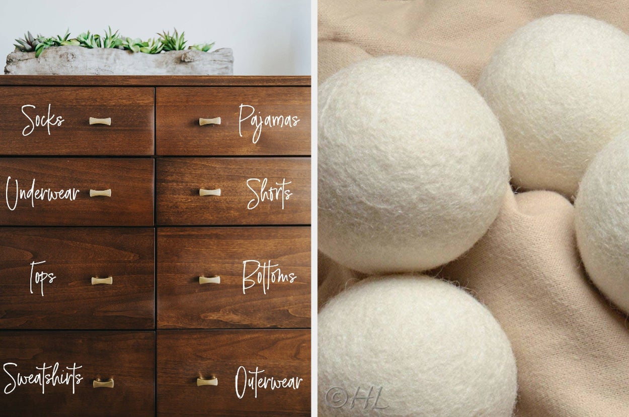 dresser with labels on drawers, wool laundry balls