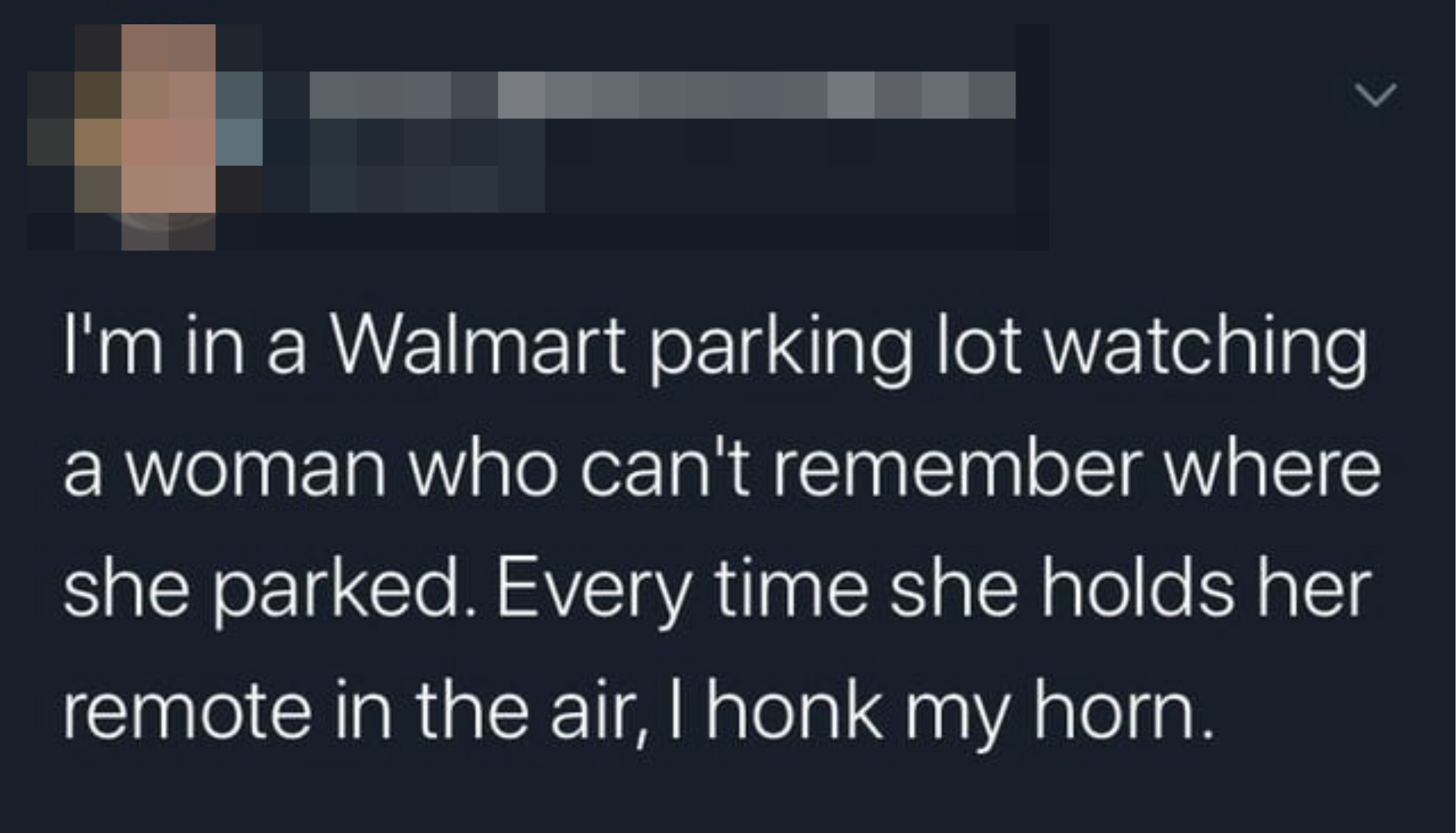 i&#x27;m in a walmart parking lot watching a woman who can&#x27;t remember where she parked every time she hold her remote in the air i honk my horn