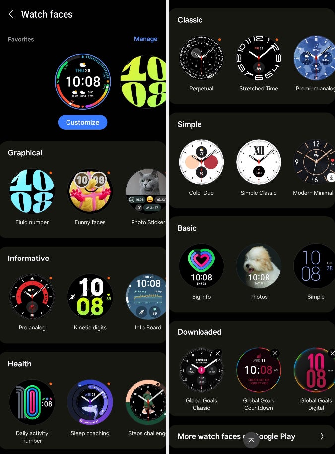 various watch face designs from the Galaxy Wearable app