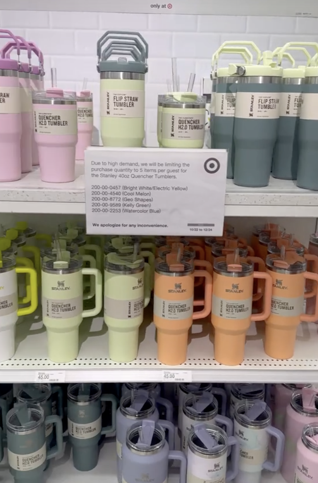 Stanley tumblers in different styles and colors on store shelves