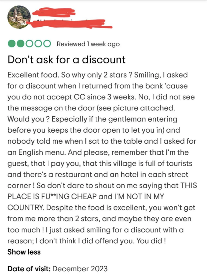 two-star review because they didn&#x27;t get a discount