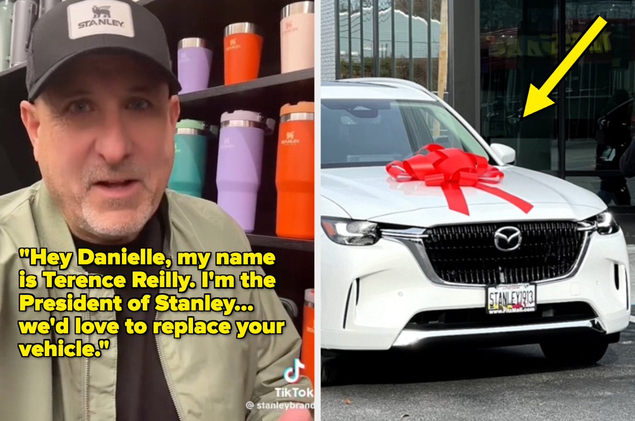 TikTok screenshot with text &quot;Hey Danielle, my name is Terence Reilly; I&#x27;m the president of Stan;ey — we&#x27;d love to replace your vehicle&quot; with a photo of Terence and one of a car with a ribbon on it