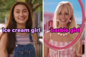 On the left, Belly from The Summer I Turned Pretty labeled ice cream girl, and on the right, Margot Robbie as Barbie labeled Barbie girl