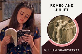On the left, Rory from Gilmore Girls reading a book, and on the right, the cover of Shakespeare's Romeo and Juliet
