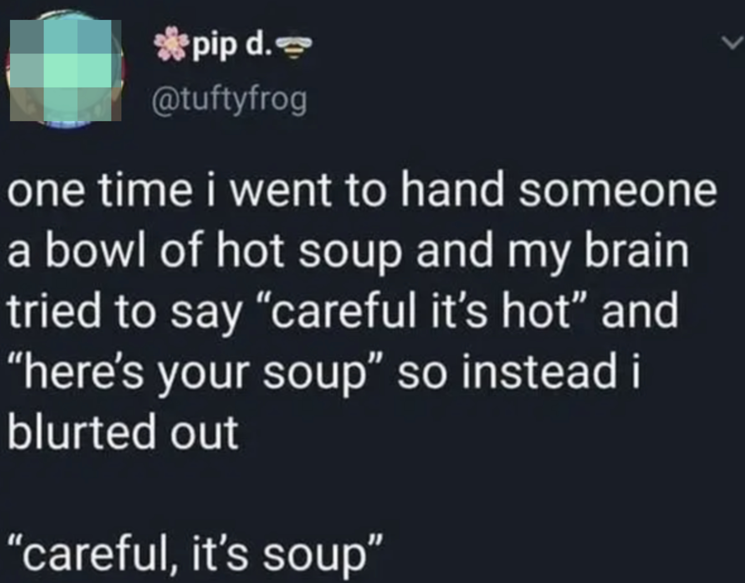 Tweet: &quot;One time i went to hand someone a bowl of hot soup and my brain tried to say &#x27;careful it&#x27;s hot&#x27; and &#x27;here&#x27;s your soup&#x27; so instead i blurted out &#x27;careful, it&#x27;s soup&#x27;&quot;