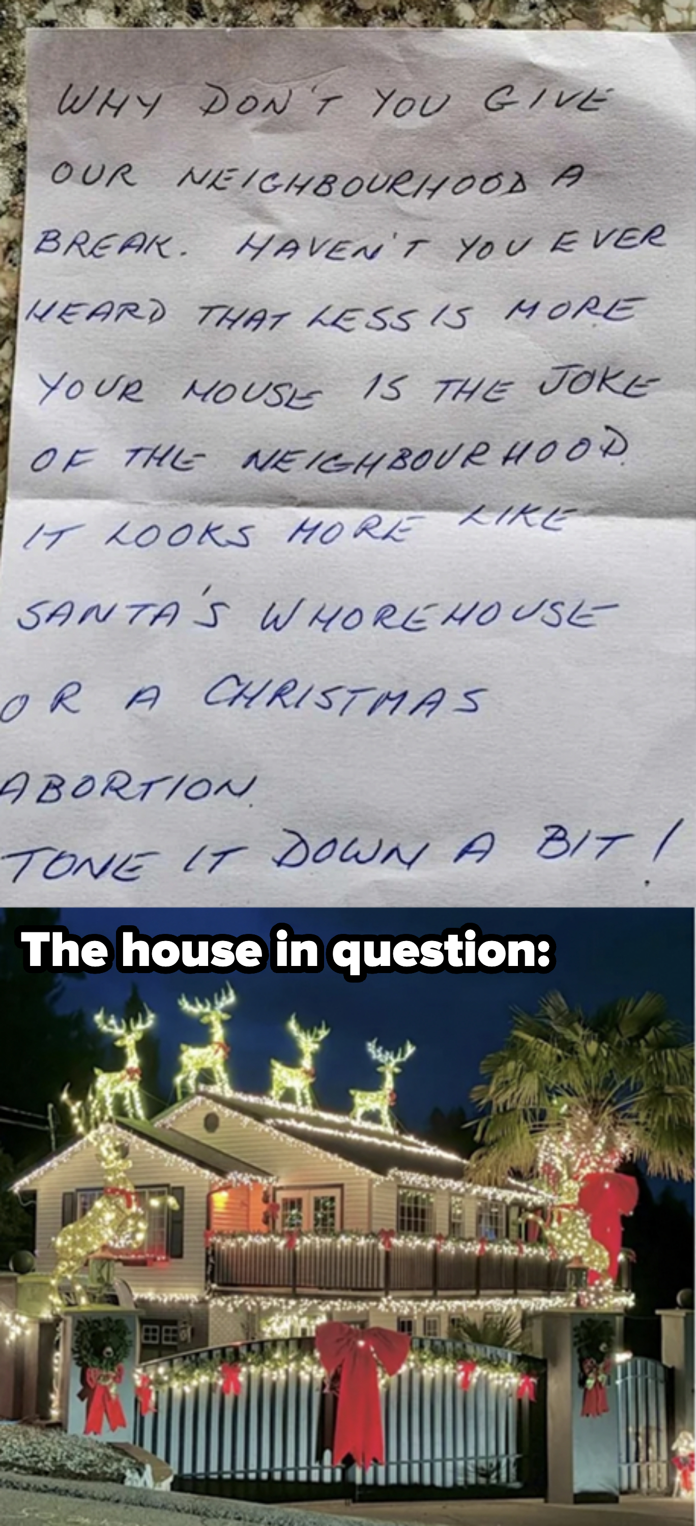 havent&#x27; you ever heard less is more note left on a house decorated with christmas lights