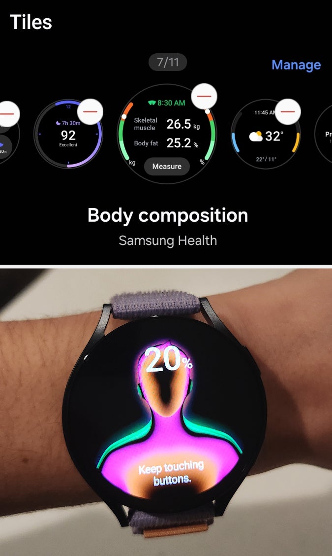 screenshot of Body Composition tile and Watch6 while measuring body composition