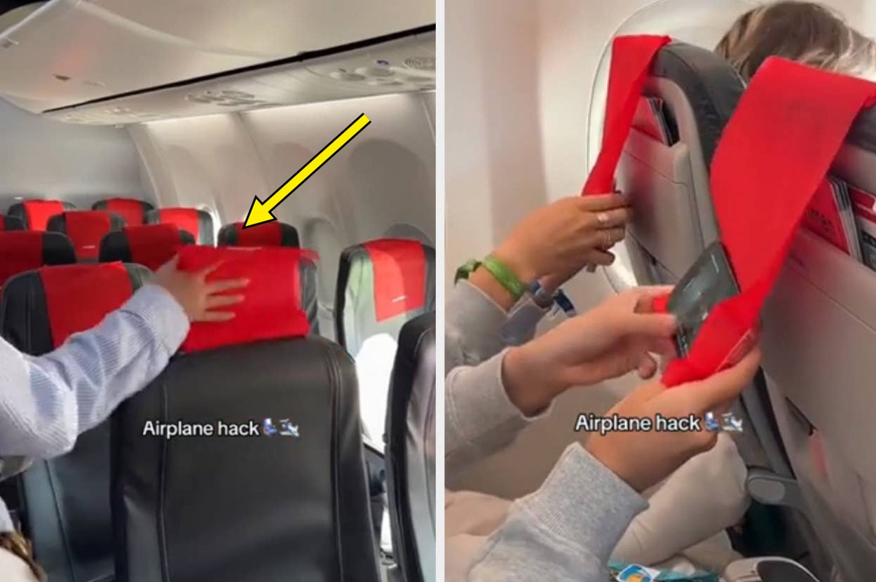 airplane "hack" where people flip over fabric on people's seats to use to hold their phones