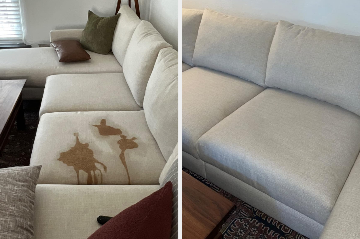 A reviewer&#x27;s sofa with a huge brown stain before and no stain after
