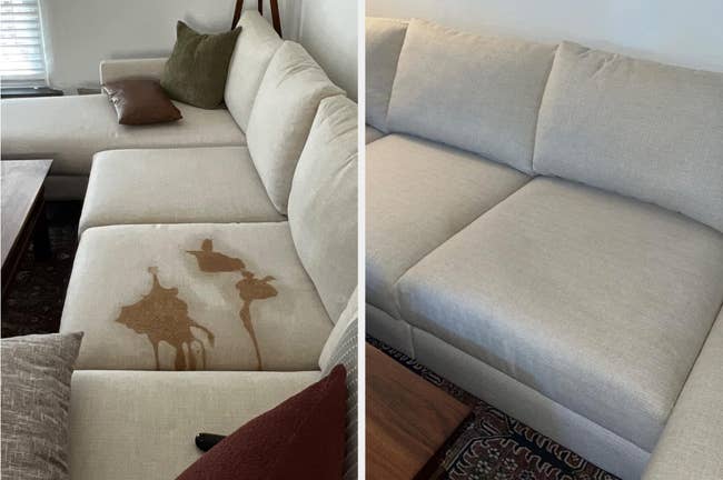 A reviewer's sofa with a huge brown stain before and no stain after