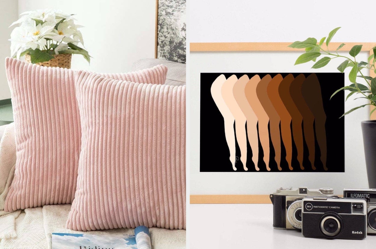 pink corduroy pillow covers on two pillows /  A minimalist drawing of legs layered over each other in different skin tones 