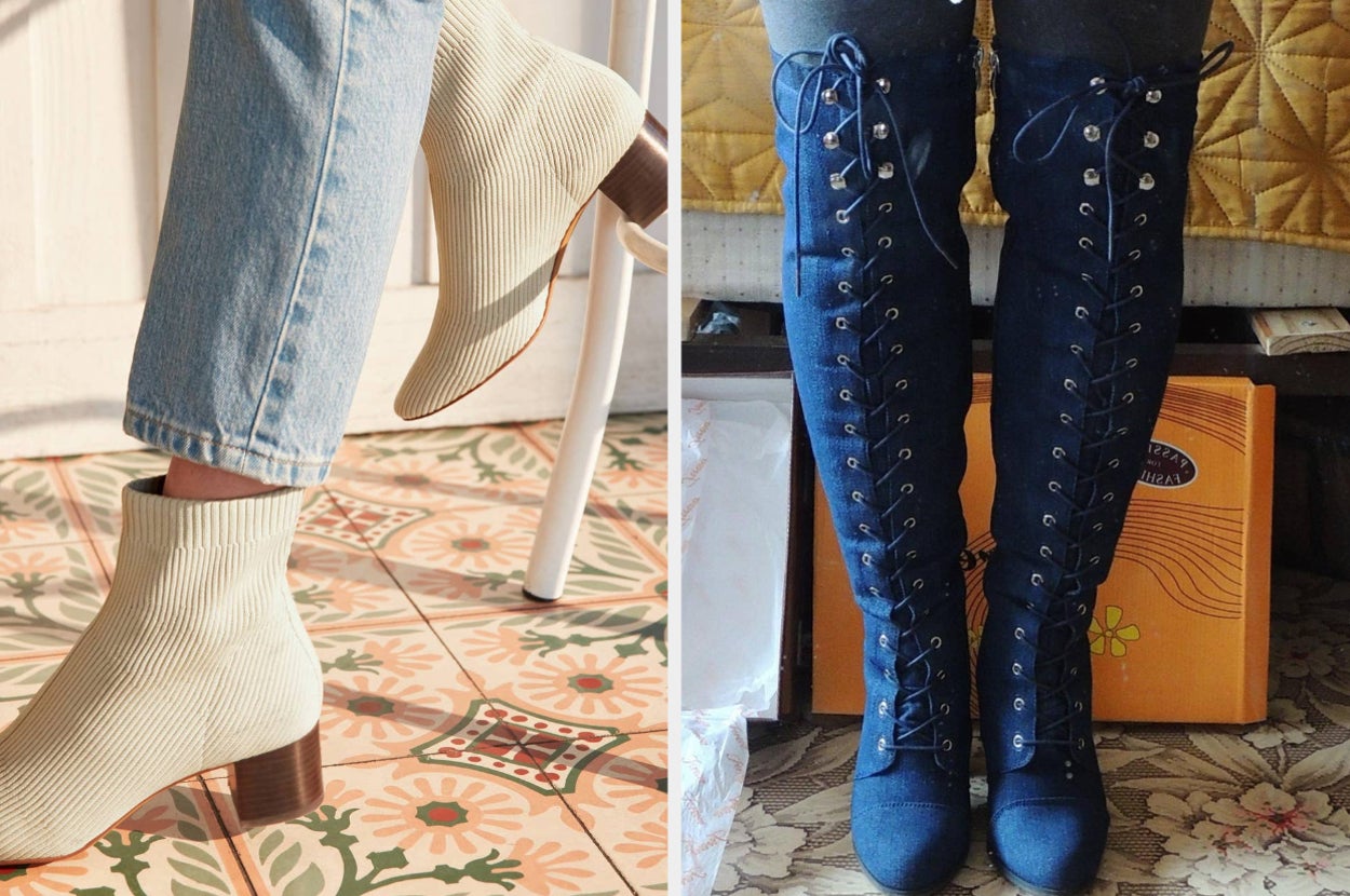 (left) glove boots (right) lace-up knee high boots