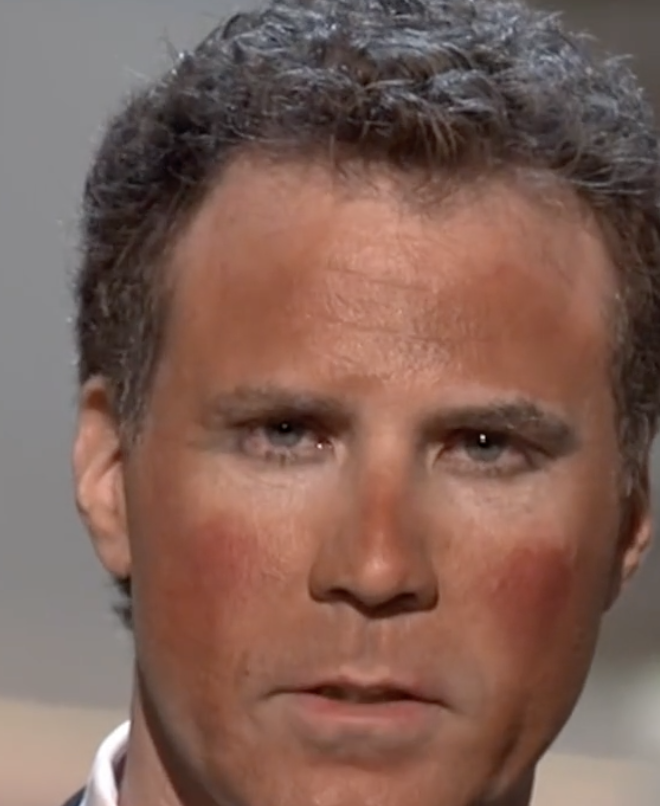 Closeup of Will Ferrell&#x27;s face with makeup