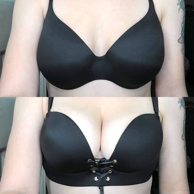 reviewer wearing two bras: one regular bra, and then this bra with the lacing so their breasts are pushed up
