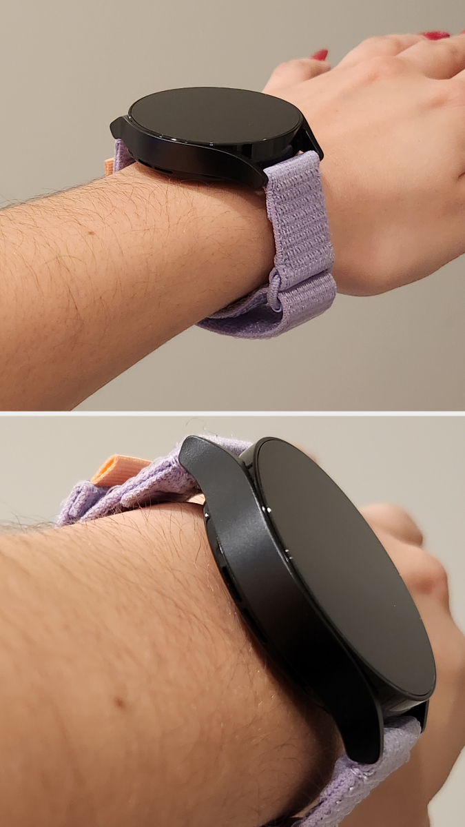 author wearing Watch6 snugly on lilac fabric band