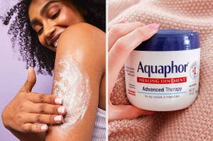 A model rubbing the cream into their arm / Jar of Aquaphor Advanced Therapy Healing Ointment
