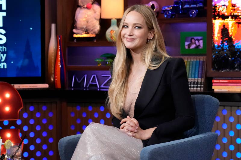 Close-up of Jlaw smiling and seated at the WWHL studios