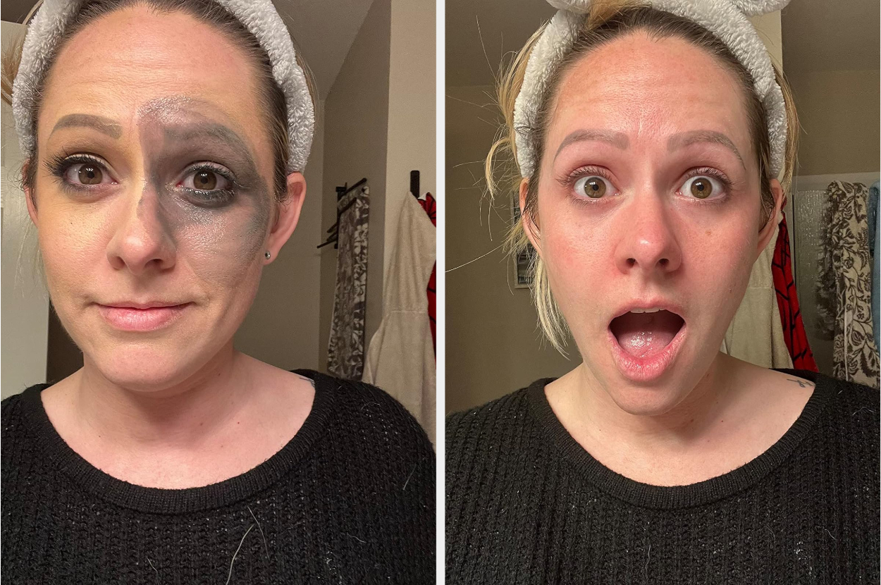 left: reviewer starting to take their full face of makeup off / right: same reviewer shocked at how well the product removed their makeup