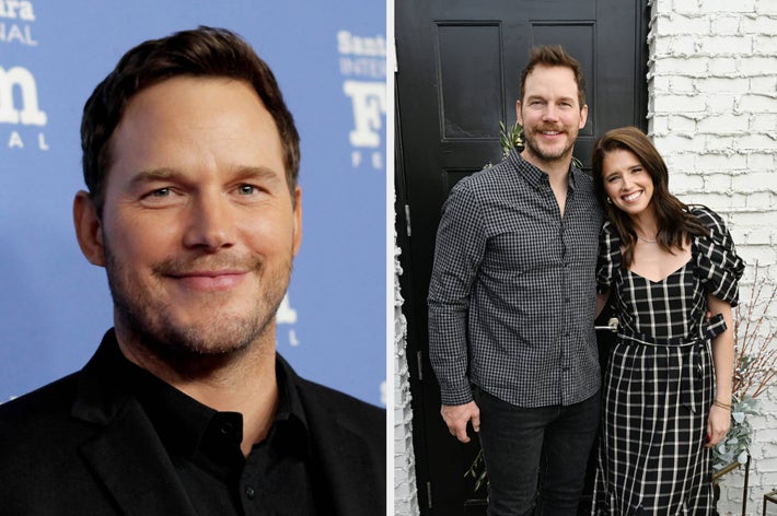 A closeup of Chris Pratt vs Chris Pratt poses for a photo with his wife