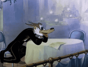 gif of a cartoon wolf sitting at a table with his eyes popping out of his head