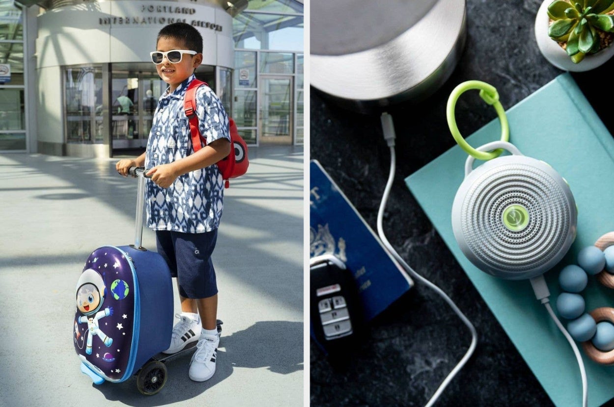 a suitcase with a scooter and a portable sound machine